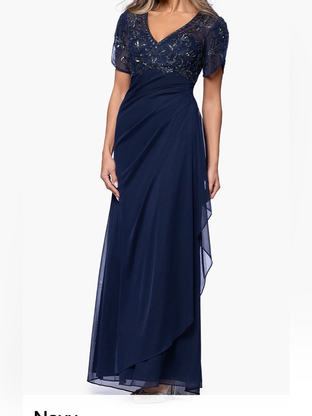 Xscape Woman’s Giselle Gown Navy Beaded Sz 22 Ruched V Neck Formal MOB Comfy - Picture 2 of 5
